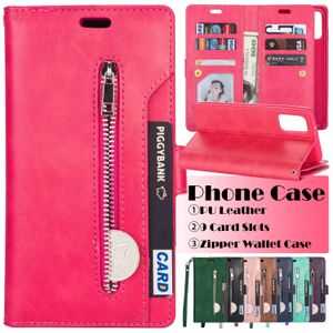 PU Leather Phone Cases for Samsung Galaxy S22 S21 S20 Note20 Ultra Note10 S10 Plus - Pure Color Zipper Wallet Flip Kickstand Cover Case with Coin Purse and 9 Card Slots