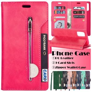 PU Leather Phone Factions for Samsung Galaxy S22 S21 S20 Note20 Ultra Note10 S10 Plus - Pure Color Szipper Wallet Flip Cover Cover مع محفظة عملة و 9 فتحات بطاقة