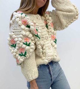 Inspirado Floral Knit Applique Cardigan Mulheres Creme Botões de Manga Longa Camisola Casaco Novo Casual Outono Inverno Cardigans 210412