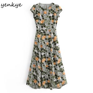 Sexy Backless Vintage Lemon leaves Print Dress Women O Neck Short Sleeve A-line Chiffon Summer Long Robe Longue 210514