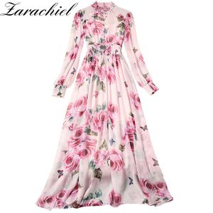 Women Runway Boho Rose Floral Maxi Luxury Pink Flower Print Lantern Sleeve Beading Stand Collar Party Chiffon Long Dress 210416