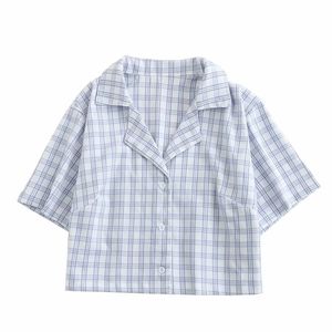 Kadınlar Casual Bluzlar Gevşek Üstleri Örgün Ekose Blusa ve Gömlek Ofis Bayanlar Giyim Küçük Moda Top Yaz 210430