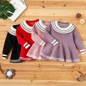 Winter Baby Sweet Solid Striped Doll Collar Long-sleeve Dress for Girl 210528
