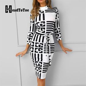 Striped Colorblock Insert Women Bodycon Dress Three Quarters Sleeve Mock Neck Office Ladies Casual Midi 210623