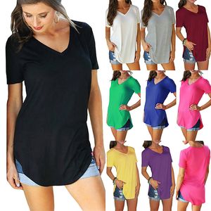 Casual Top Women T Shirt Sexig V Nacke Lös Split Gaffel Splicing Enkel Kortärmad Fast Färg Bekväm Andningsbar 9 färger WMD