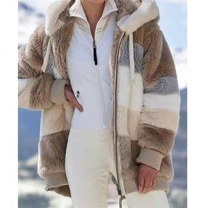 Kvinnors Vinterrock Casual Fashion Stitching Plaid Ladies Kläder Zipper Hooded Lamb Hair Women Jacket Hoodie 210803