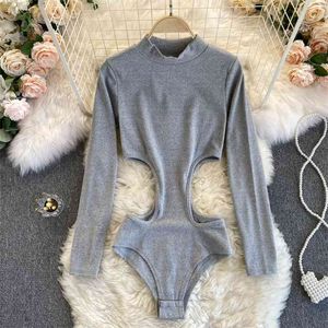 Autumn Long Sleeve Bodysuits Solid Stand Collar Body Femme Elegant Hollow Out Waist Slim Bodycon 210603