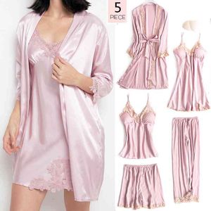 5PCS Sleepwear Female Pajamas Set Satin Pyjamamas Sexy Lace Patchwork Bridal Wedding Nightwear Rayon Home Wear Nighty&Robe Suit X0526