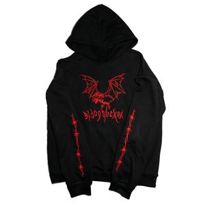 Coole Mode Casual Gothic Ziege Dämon Fledermaus Stickerei Pollover Schwarz Sweatshirt Heavy Metal Stil Hoodies Sudadera Punk Fleece 210728