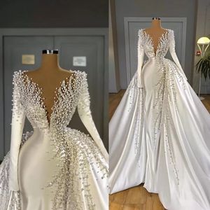 Elegant Pearls Mermaid Dresses with Overskirt V Neck Satin Long Sleeve Bridal Gowns Wedding Dress Robes De