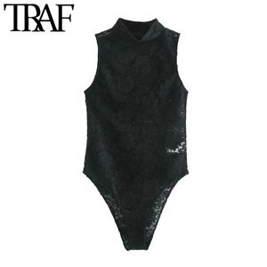 TRAF Kadınlar Seksi Moda Dantel Bodysuits Vintage Yüksek Boyun Kolsuz Kadın Playsuits Chic Tops 210415