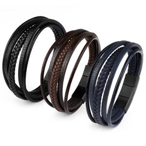 High Quality Genuine Leather Bracelet For Men Stainless Steel Magnetic Clasp Detachable Multilayer Bracelet Jewelry