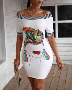 İlkbahar Sonbahar kadın Zarif Bodycon Mini Elbise Yeni Stil Femme Baskılı Omuz Skinny Çizgili Bant Elbise Bezi 210415