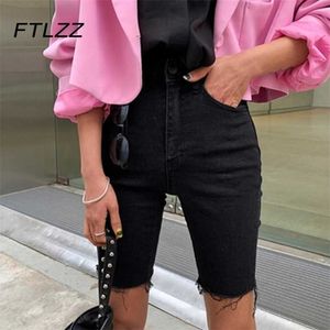 Streetwear Biker Jean Shorts Kobiety Slim Kolana Długość Czarna Lato Kobieta Elastyczna Wysoka Talia Dna 210525