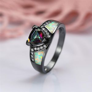 Wedding Rings White Fire Opal Triangle Rainbow Zircon For Women Men Vintage Fashion Black Gold Filled Ring Female Luxury Jewelry