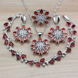 Orecchini Collana Costume da sposa Fiore Colore argento Granato rosso Set di gioielli da sposa Bracciale e anello pendenti da donna