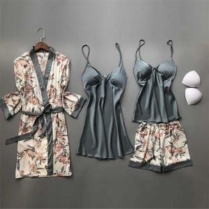 JULY'S SONG 4 PCS Woman Pajamas Set Faux Silk Satin Sleepwear Printing Summer Sling Shorts Sexy Robe For Homewear 211215
