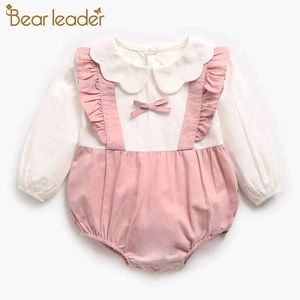 Bear Leader Girls Cute Pajacyki Moda Moddler Baby Ruffles Kombinezony Born Bowtie Stroje Z Długim Rękawem Jesienne Odzież 210708