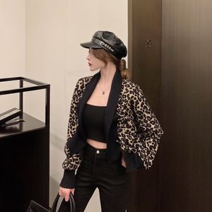 New design women's spring fashion leopard print patchwork knitted fabric short jacket coat cardigan tops SML