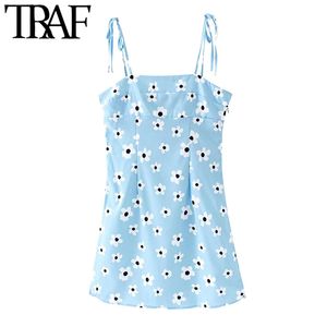 TRAF Women Chic Fashion Floral Print Mini Dress Vintage Backless Side Zipper Bow Tie Straps Female Dresses Vestidos 210415