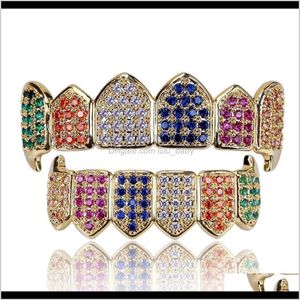 Grillz, Body Jewelry Drop Delivery 2021 Set colorato Placcato Cz Crystal Dental Grill Bling Gold Denti Grillz Top Bottom Griglie Ujera
