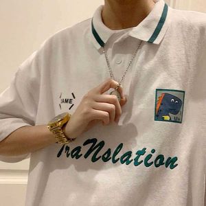 Письмо хлопка мужская футболка с короткими рукавами Trend Trend летний колледж стиль свободно дикий хараджуку Гонконг отворотный рубашка поло 1410526