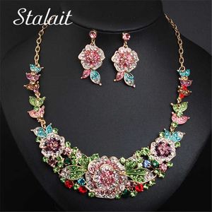 Lyxblomma blad inlägg full rhinestone halsband örhängen sätta brud smycken för kvinnliga mode kläder tillbehör h1022