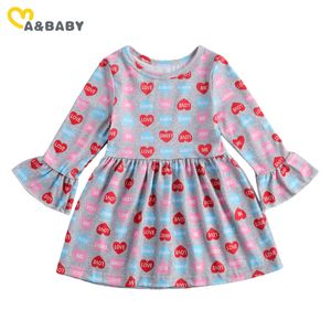 1-6Y Valentinstag Kleinkind Kind Baby Mädchen Kleid Liebe Herz Druck Langarm Rüschen Für Kind Mädchen Kleidung 210515