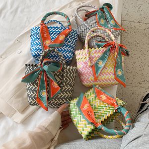Girls Weave handbags fashion flowers scarves basket web celebrity woman female bags summer kids beach wallet F399