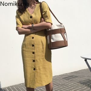 Nomikuma Cotton Linen Single Breasted Vintage Dress Solid Color High Waist V Neck Short Sleeve Dresses Fashion Vestidos 3b916 210514