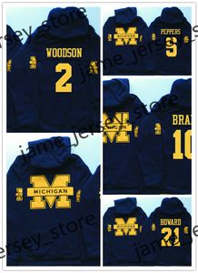 Maglia con cappuccio pullover cucita Michigan Wolverines Jersey 2 Charles Woodson 4 Jim Harbaugh 5 Jabrill Peppers 10 Tom Brady 21 Desmond Howard