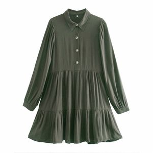 Women Summer Vintage Solid Mini Dress Long Sleeve Buttons 100%Cotton Pleated Sweet Street Female Elegant Dresses Vestidos 210513