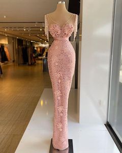 Pearls Prom Dress Pink Sparkly Lace Beaded Deep V-neck Sheath Evening Dresses Formal Party Second Reception Gowns Robe de mariée