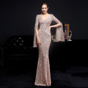 حفلة أنيقة Maxi Dress Gold Sequin Evening Dress Women Long Sleeve Dresses