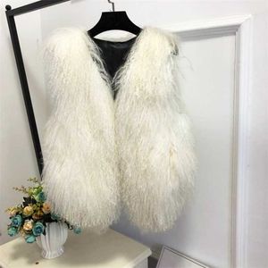 V Neck Natural 100% Ren Mogolia Fur Vest Genuine Real Sheep Fur Gilet Basic Match Kort droppe Fur Coat TSR855 211110