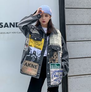 Frauen Jacken Vintage Langarm Applikationen Zeitungsmuster Große Größe Schwarz Denim Jacke Freizeit Trend Mantel Herbst 210422