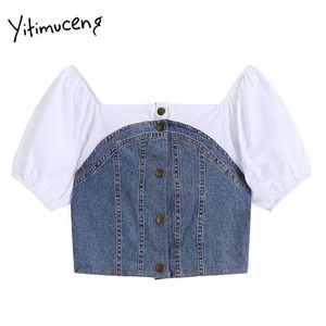 Yitimuceng Patchwork Denim Blouse Kvinnor Skörd Topp Knapp Puff Sleeve Square Collar Shirts Sommar Koreanska Mode Toppar 210601