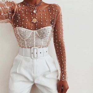 Kvinnors T-shirt Sexy See Through T Shirt Kvinnor Mesh Patchwork Diamanter Pearl Slim T-shirts Eleganta Crop Tops Kvinna vårkläder