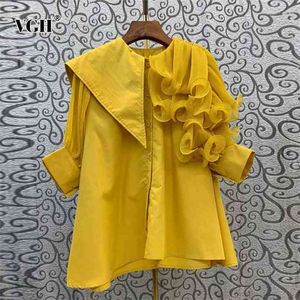 Yellow Asymmetrical Shirts For Women Lapel Short Sleeve Casual Straight Solid Blouses Female Summer Fashion Clothes 210531