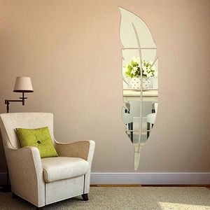 3D Feather Acrylic Mirror Wall Decor Stickers - Self-Adhesive DIY Art Decals for Living Room, Silver and Gold