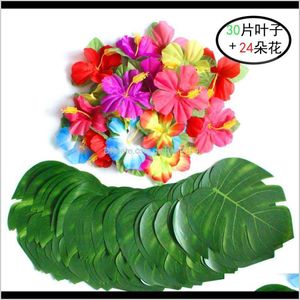 Dekoration Artificial Tropical Palm and Silk Hibiscus Flowers Decor Montera lämnar Hawaiian Luau Jungle Beach Theme Party Ucyrn Rbhuc