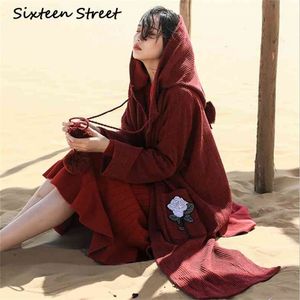 SIXTEEN STREET Vintage wine red long sweater cardigan woman rose embroidery pocket Boho hooded knit coat female winter 210603