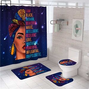 Black Women Afro Girls Print Shower Curtain Set Polyester Bathroom Curtain Hooks Modern Bath Mat Toilet Lid Cover WC Accessories 211116