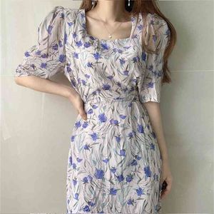 Koreansk stil Slim Square Collar Exposed Collarbone Floral Chiffon Dress Knee-Length Sheath Office Lady Cotton 210416