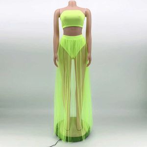 Mesh Summer Two Piece Set Casual Neon Spaghetti Strapless Sleeveless Crop Tops Shorts 2 Pieces Suit Perspective Outfit Tracksuit Y0702