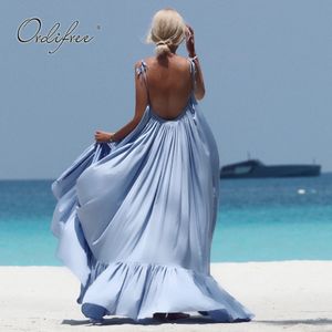 Summer Women Long Slip Satin Backless Ruffle Shiny Silk Vacation Beach Maxi Dress 210415