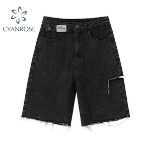 Hög midja denim shorts kvinnor mode casual hajuku breda ben rippade jeans kort tvättad kvinnlig sommar bomull 210719