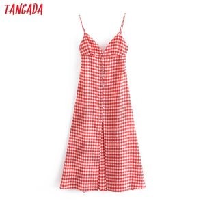 Kvinnor Röd Plaid Long Dress Strap Justera Baklösa Ärmlös 202 Mode Lady Beach Dresses Vestido QN89 210416