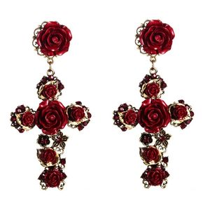 Long Cross Studs Earrings Women Retro Rose Flower Crystal Rhinestone Dangles Black Red White Color Fashion Acrylic Statement Street Party Jewelry