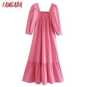 fashion women pink cotton dress arrival puff Long Sleeve Ladies Loose midi Vestidos 3R24 210416